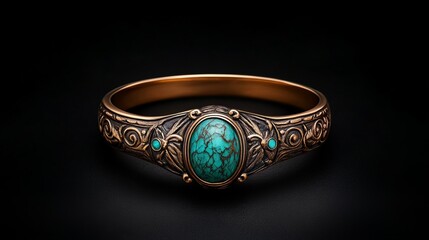 Antique Gold Ring with Engraved Symbolism and Turquoise Gemstone, Ornate Handcrafted Heirloom Jewelry with Cultural Motifs, Vintage Relic in Dark Fine Art Photography