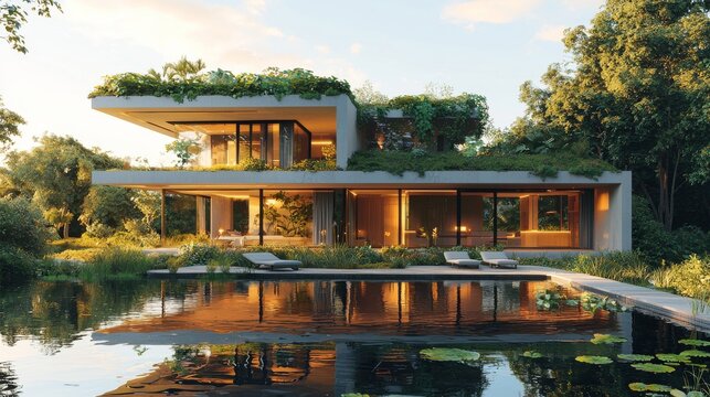 Modern ecofriendly house surrounded by lush greenery with a reflective pool and natural lighting at sunset