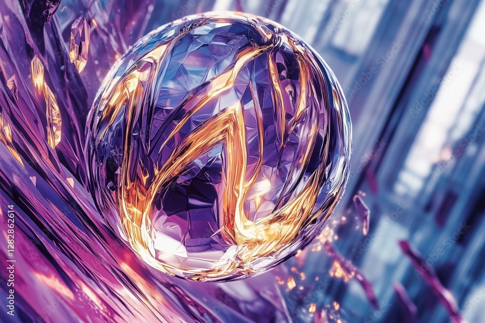 Poster a vibrant, abstract composition featuring a crystal-like sphere surrounded by swirling, colorful pat