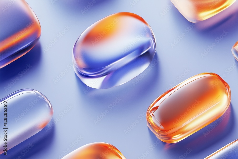 Poster a close-up view of colorful gel capsules arranged on a smooth surface. the capsules feature a blend 