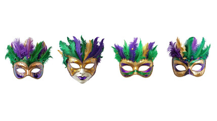 Mardi Gras mask with purple, green and gold feathers isolated on white background.
