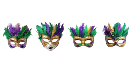 Mardi Gras mask with purple, green and gold feathers isolated on white background.
