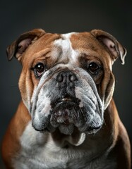 Obraz premium 厳しい表情でこちらを睨むブルドッグ、強さと迫力が感じられるポートレート