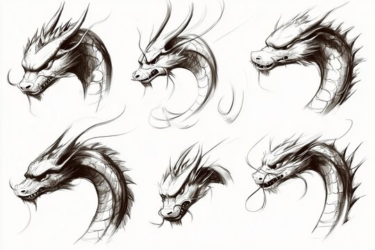Chinese dragon sketches in various dynamic poses, showcasing their serpentine bodies, fierce expressions and legendary presence in traditional mythology