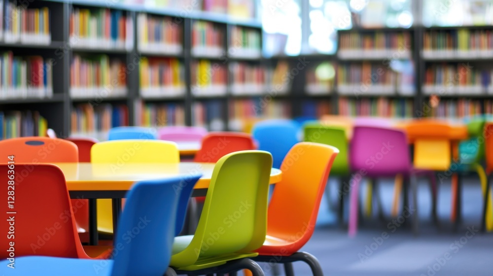 Poster a colorful library space with tables and chairs designed for children's reading and learning.