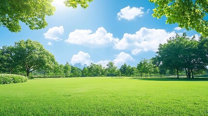 Obraz premium A beautiful green park with blue sky and fluffy clouds