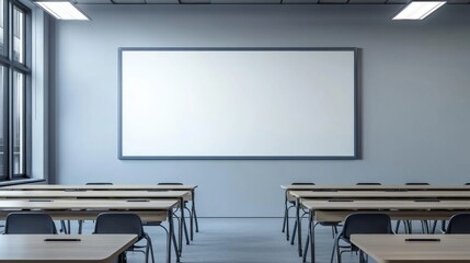 Blank whiteboard in a quiet, empty classroom, mounted on the wall with soft lighting and a clean, modern aesthetic