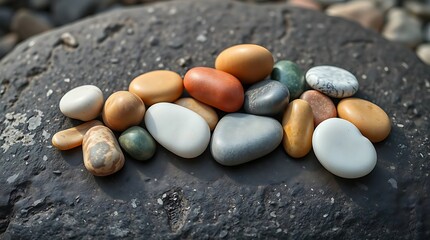 Photo Focusing On Simple Nature Elements A Collection Of Smooth, Colorful Pebbles Arranged On A Flat, Dark Grey Stone, Lit From Above, In A Style Emphasizin.