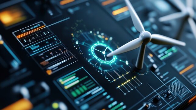 A computer screen shows a wind turbine with a digital clock on it