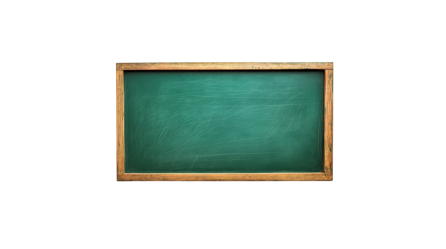 Green school blackboard with wooden frame, isolated on white background.
