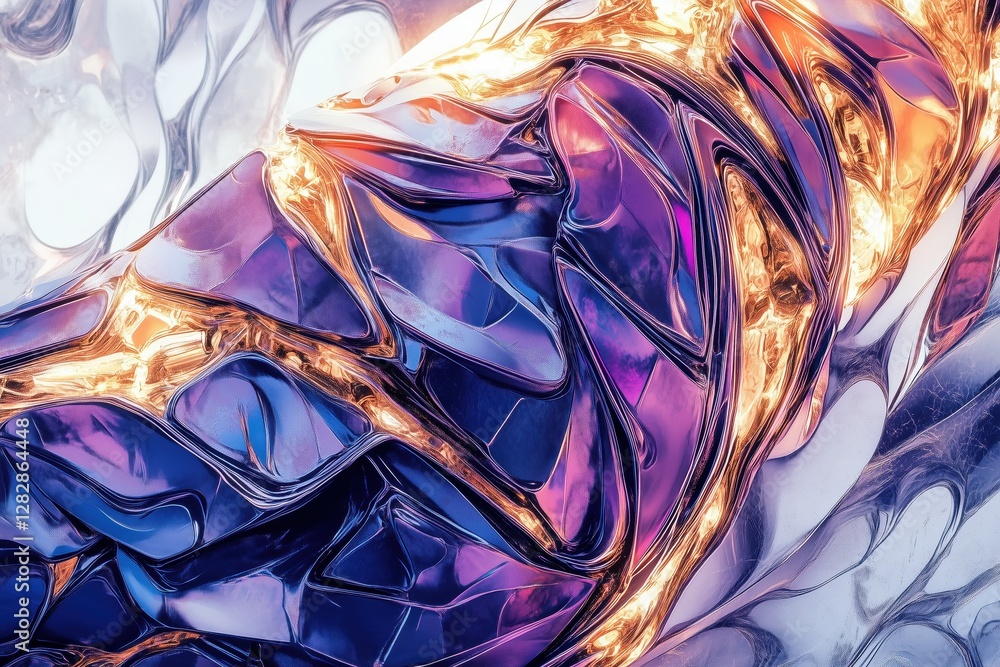 Poster an abstract close-up of a metallic surface with intricate patterns, featuring vibrant colors of purp