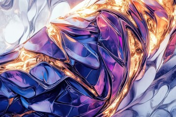 An abstract close-up of a metallic surface with intricate patterns, featuring vibrant colors of purple, gold, and silver. The texture appears fluid and reflective, creating a dynamic visual effect.