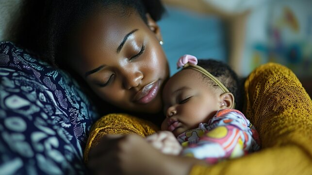 African mother multitasking with her sleeping baby girl