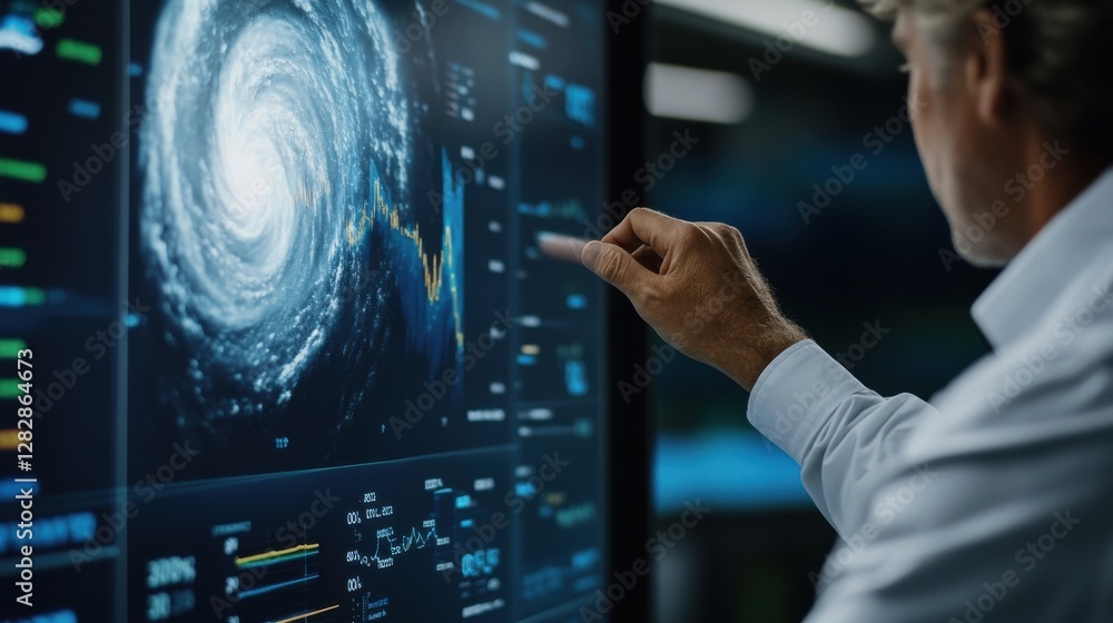 Aufkleber A man pointing at a computer monitor displaying a swirling storm