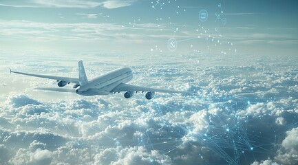 Fototapeta premium Airplane Soaring Above Clouds: Global Air Travel Network Visualization with Flight Path and Connections