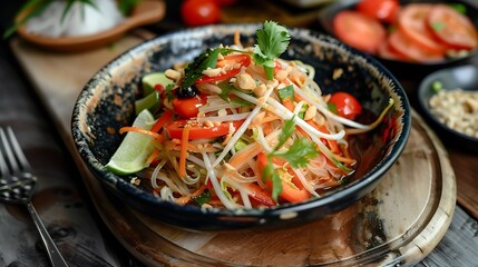 Fresh and Colorful Vegetable Salad with Herbs and Lime in a Rustic Bowl Display