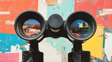 Art collage, black binoculars on color background.