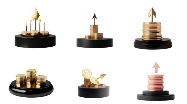 3D growth graph icon and up arrow on white background.
