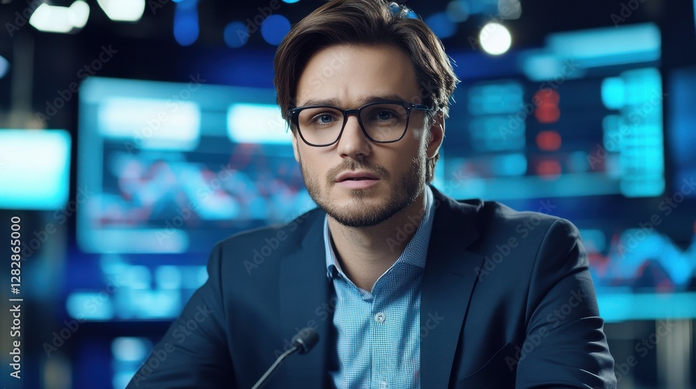 Poster a man in a suit and glasses is sitting in front of a computer monitor