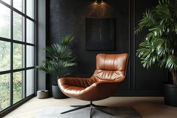 Industrial loft with a brown leather lounge chair, dark moody lighting, black accent wall, contemporary decor, realistic 3D illustration