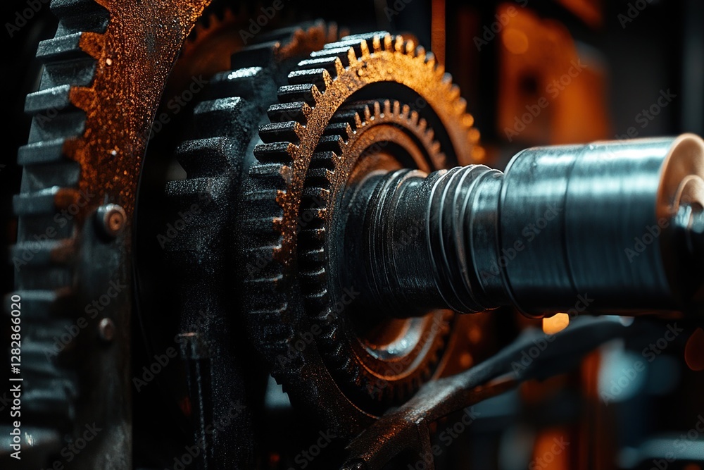 Poster industrial gears: precisely interlocking metal cogs rotate efficiently in a factory setting