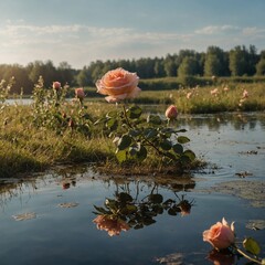 A rose in a peaceful meadow with buzzing bees, near a calm reflective lake.