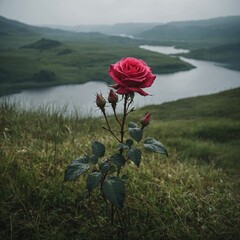 A thorny rose among thick grass, overlooking a misty valley and a vast lake.