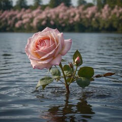 A soft pink rose swaying in the wind, beside a quiet, rippling lake.