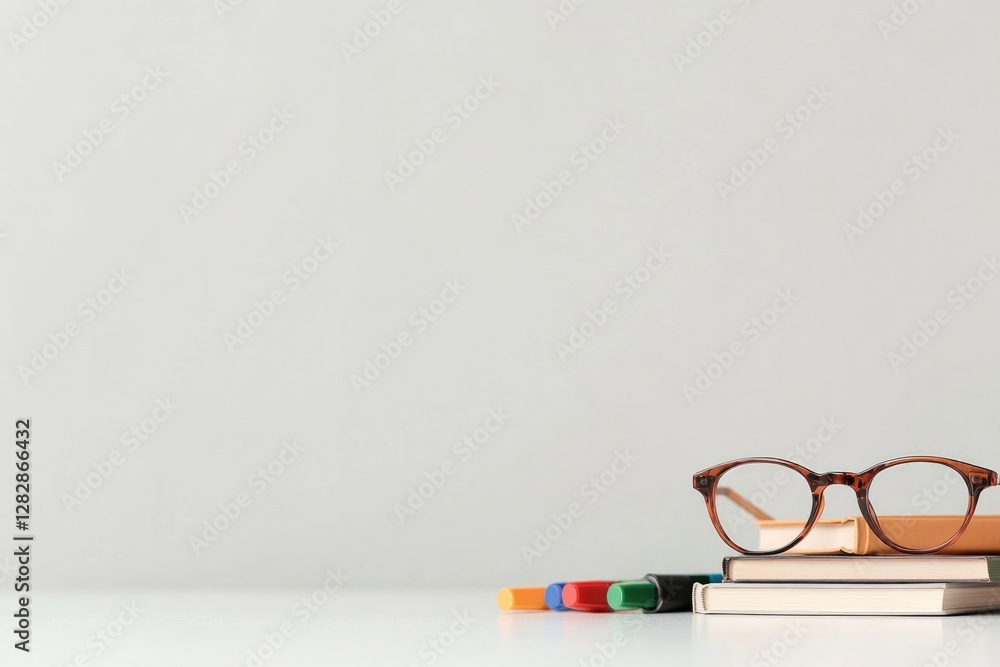 Poster professional classroom setup featuring whiteboard colorful markers and books neatly arranged on desk