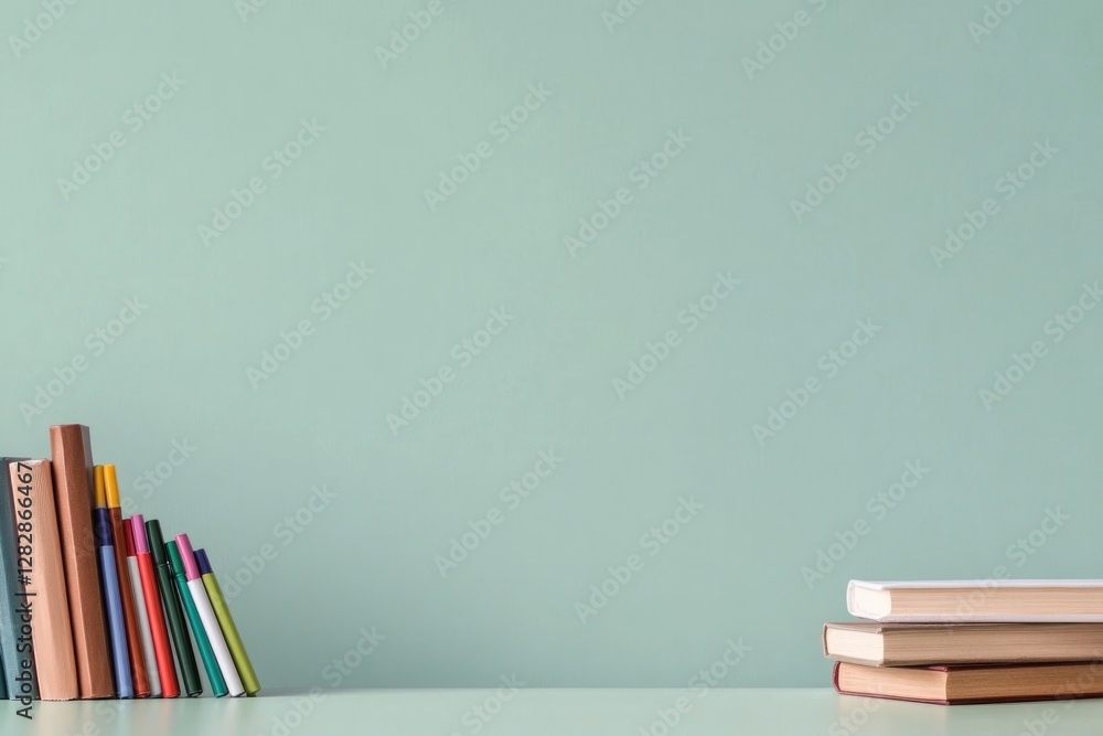Poster professional classroom setup featuring whiteboard colorful markers and books neatly arranged on desk