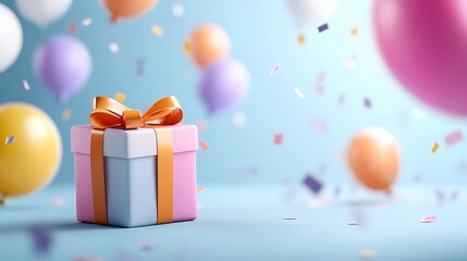 Festive gift box with balloons and confetti; celebration background; ideal for greeting cards