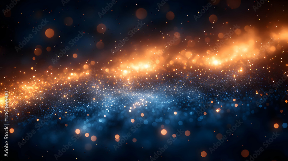 Poster abstract nebula of blue and orange glitter particles in a cosmic background with bokeh effect and sh