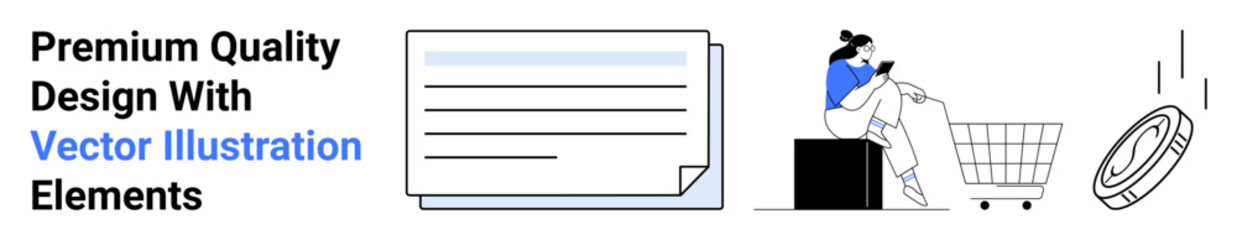 Woman browsing on phone, seated by a shopping cart and floating payment icon. Ideal for e-commerce design, online payment systems, shopping apps, retail websites, financial transactions, business