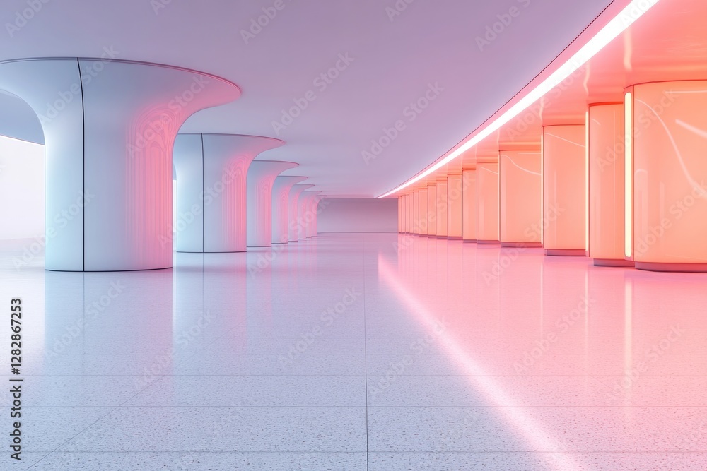 Poster retro-style space terminal with glowing panels rounded architecture and vibrant neon highlights set 