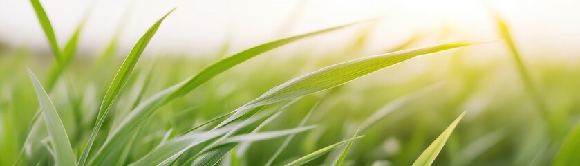 Obraz premium A close-up view of vibrant green grass blades, illuminated by soft sunlight, creating a peaceful and natural atmosphere.