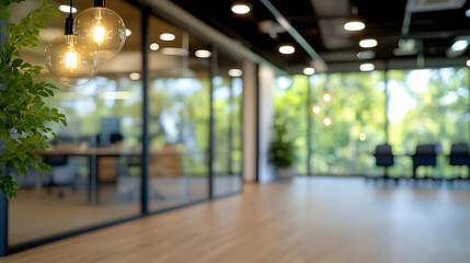 Modern office interior with glass walls, showcasing a bright workspace with natural light and greenery, ideal for showcasing business success and collaboration