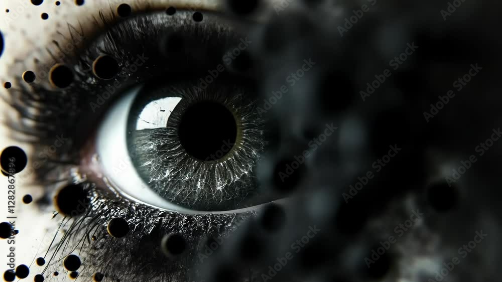 Poster close-up of a grey eye with striking details and abstract black dots creating a mysterious atmospher