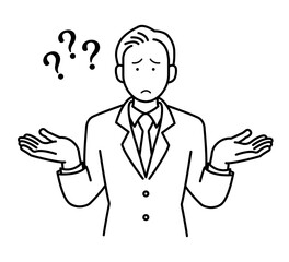 わからないのジェスチャーをするビジネスマンのイラスト　線画のみ