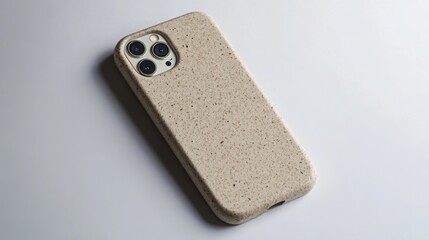 Beige phone case for iPhone with triple camera on white background
