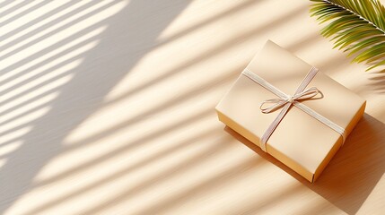 Gift box sunlight wood background; holiday present