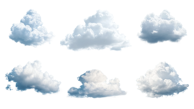 Soft fluffy cloud illustrations on transparent background png format for graphic design and nature projects