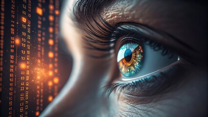 Close-up of a human eye with glowing digital code reflections, symbolizing technology and cyber vision