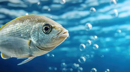 Vibrant Underwater Fish Swimming Amidst Bubbles and Blue Water