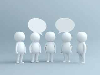 Five white 3D stick figures with speech bubbles on blue background