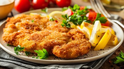 Crispy Fried Chicken Cutlet with Lemon Wedges and Fresh Vegetable Garnish on a Plate