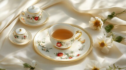 Elegant Tea Set with Floral Design on Soft Fabric Background