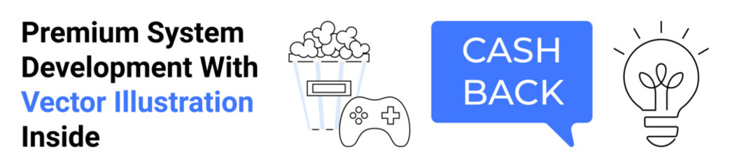 Popcorn, game controller, cashback bubble, and light bulb representing innovation, entertainment, gaming, and rewards. Ideal for cashback programs, e-commerce tech startups entertainment branding
