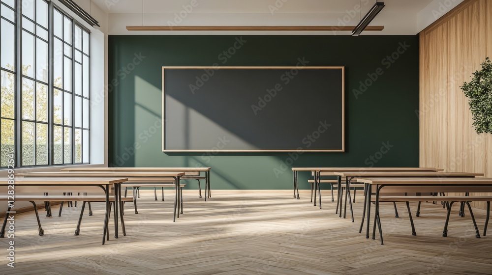 Poster minimalistic scene of an empty classroom with a blank blackboard on the wall, highlighting clean lin