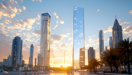 Fototapeta premium Modern skyscrapers at sunrise, city skyline, urban landscape, Dubai. Ideal for real estate, travel brochures, and architectural projects