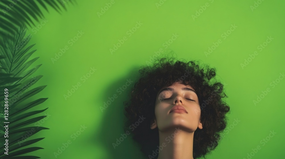 Poster serene portrait of person with green background featuring soft focus nature elements and ample copy 